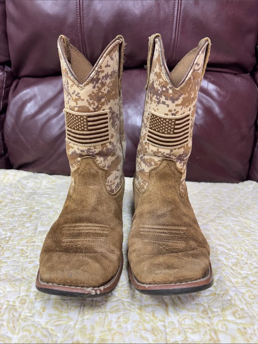 Ariat Brown Suede Cowboy Boots with Desert Camo Shaft